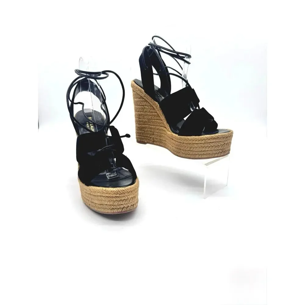Saint Laurent Black Suede Espadrille Platform Wedge Sandals  Ankle Tie EU 38.5